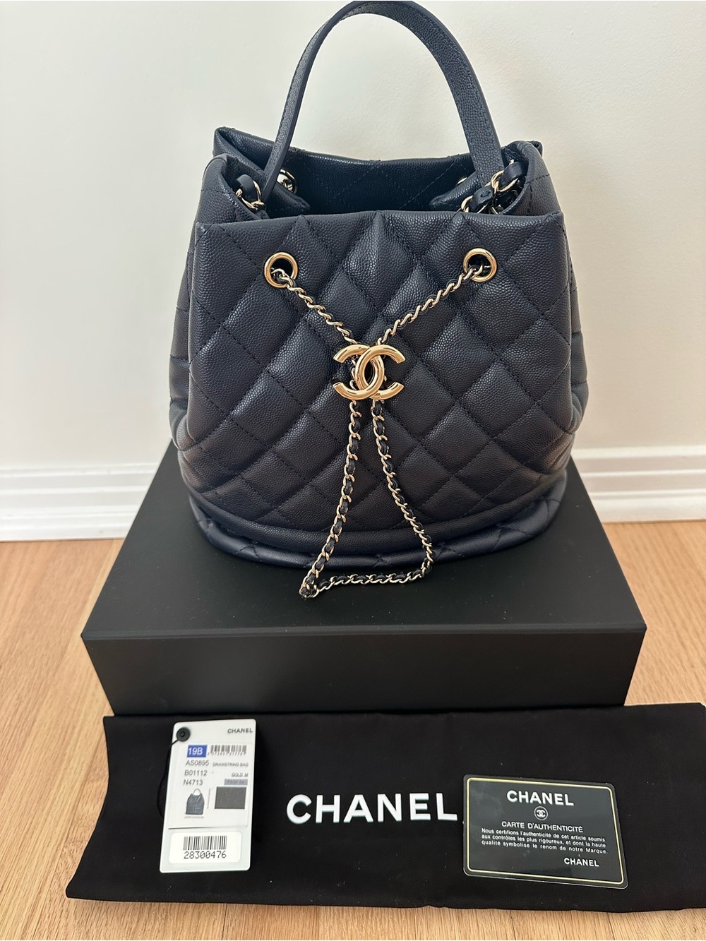 Chanel Navy Quilted Caviar Drawstring Bucket Bag- Gold Hardware/2019